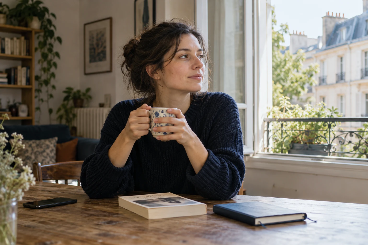 An adult taking a quiet break with a book by a sunlit window.