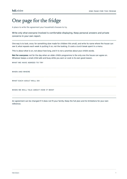 First page of one page for the fridge, preschool fictional example