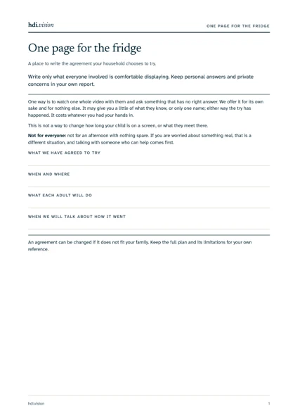 First page of one page for the fridge, school age fictional example
