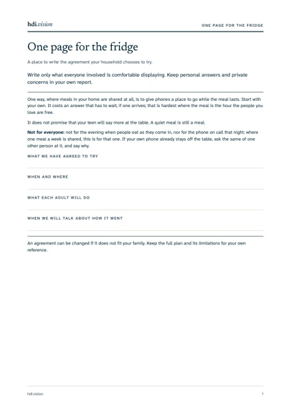 First page of one page for the fridge, teenagers fictional example