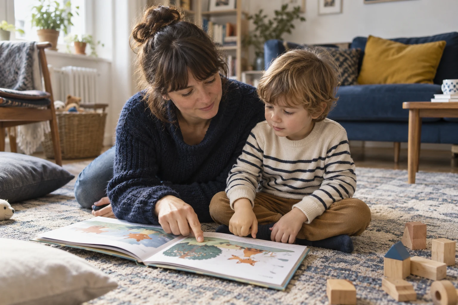 A caregiver and young child sharing a picture book on a rug.