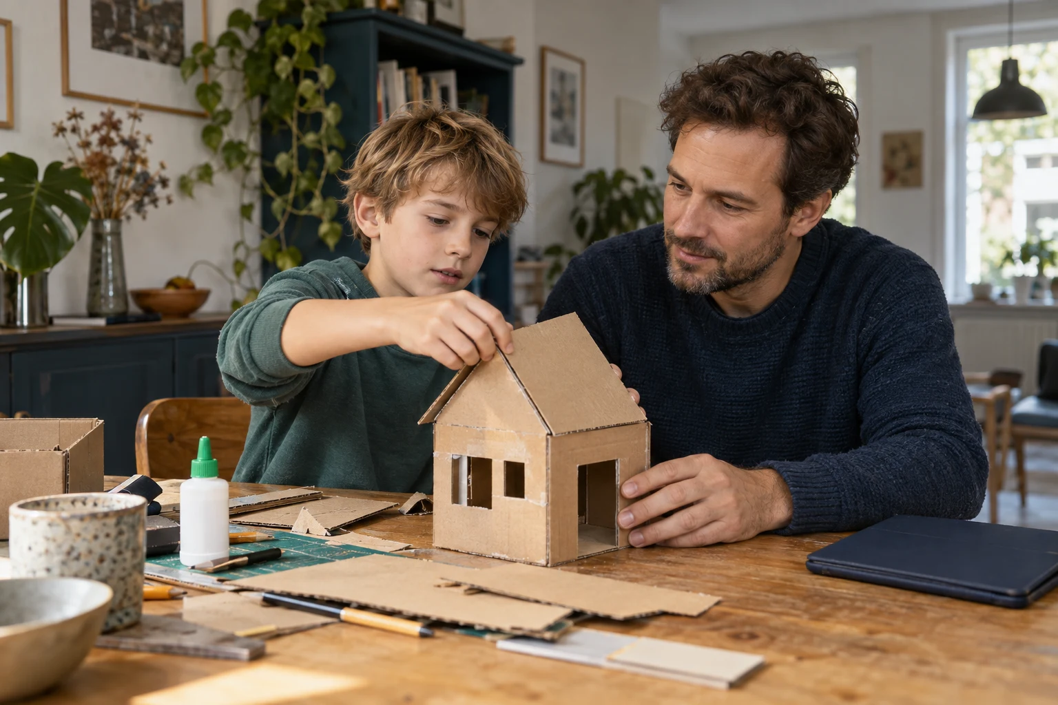 A caregiver and school-aged child making a paper craft together.