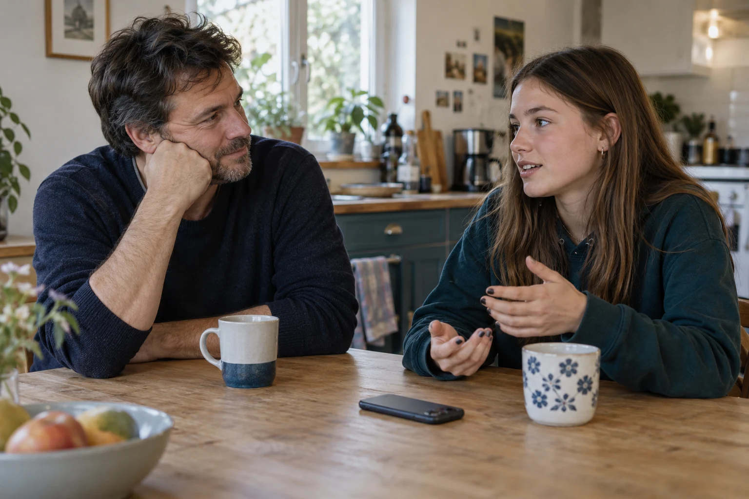 A parent listening to a teenager at a kitchen table.