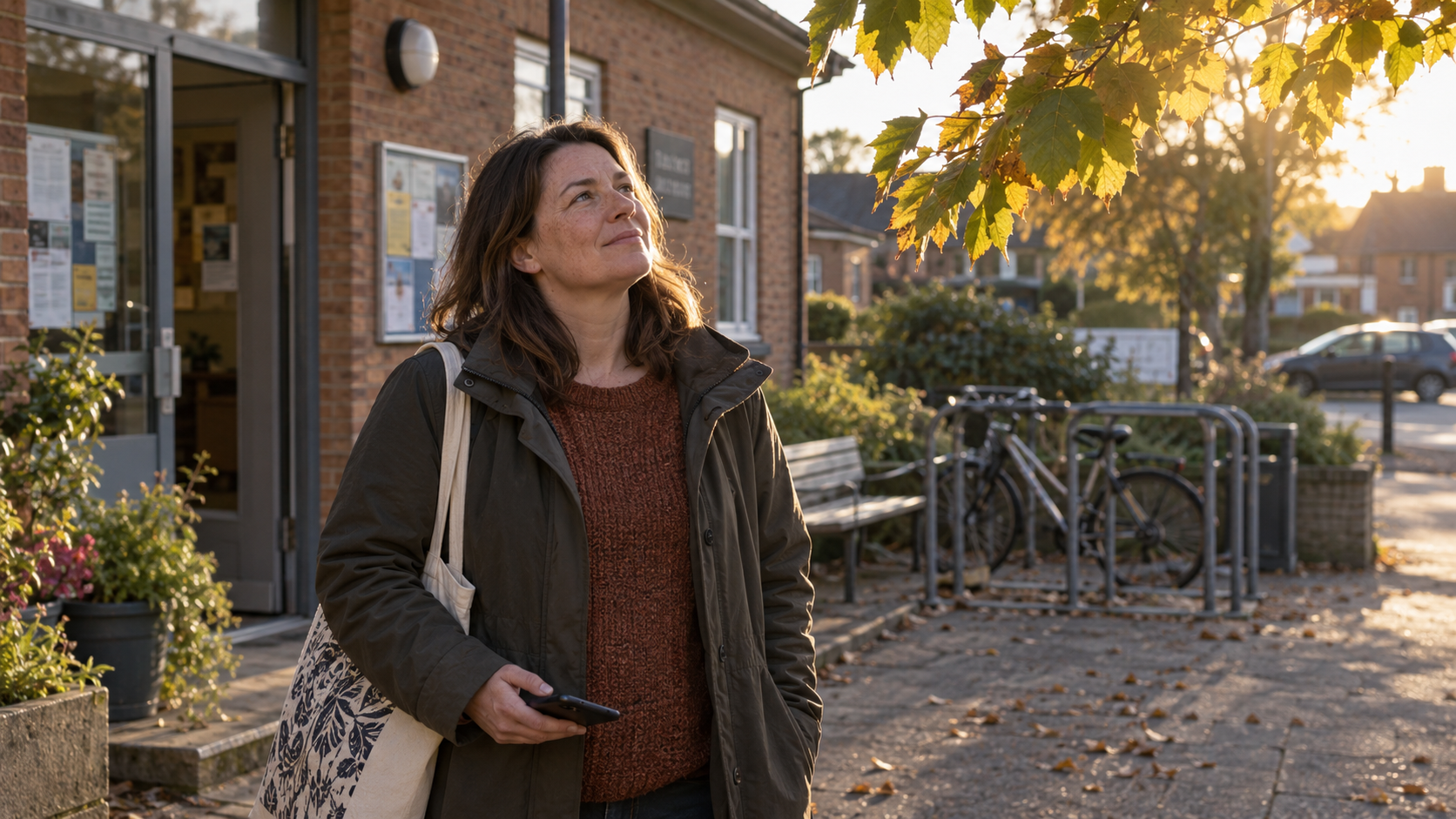 A woman pauses outside a community building to notice light through leaves.
