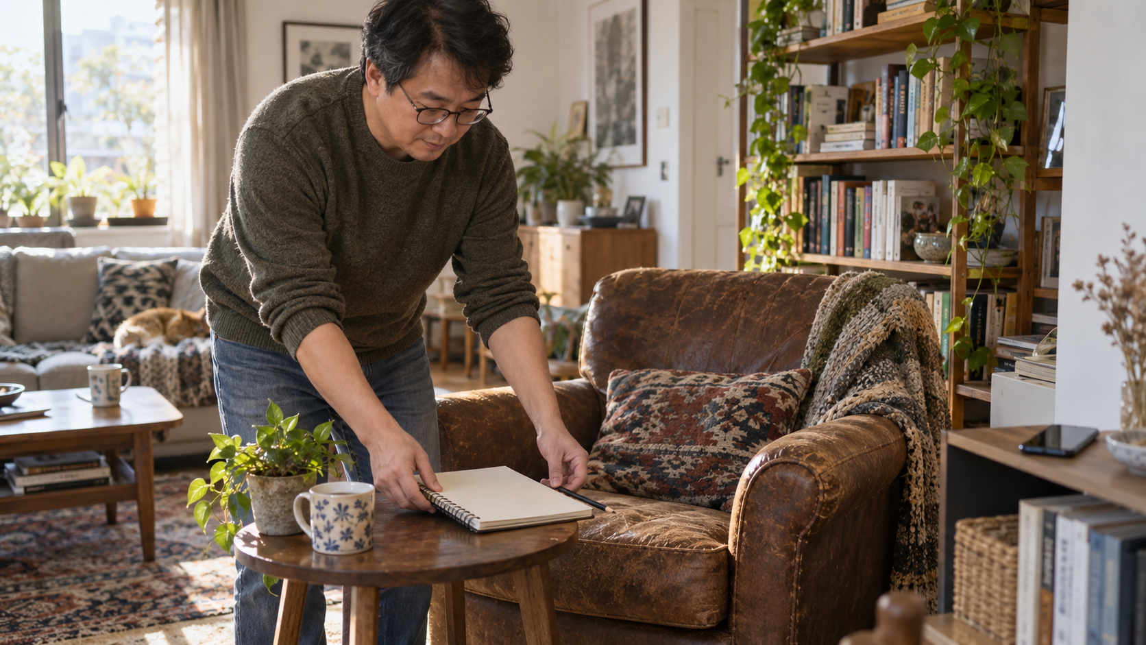 A man places a sketchbook and pencil beside his chair, with his phone on a distant shelf.