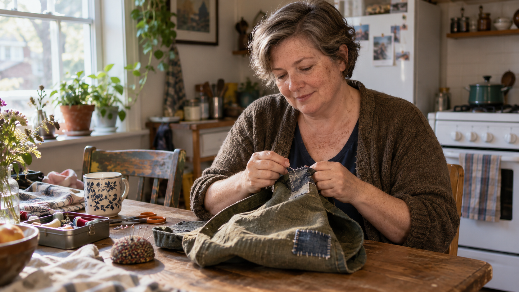 A woman patiently mends a worn fabric bag at her kitchen table.