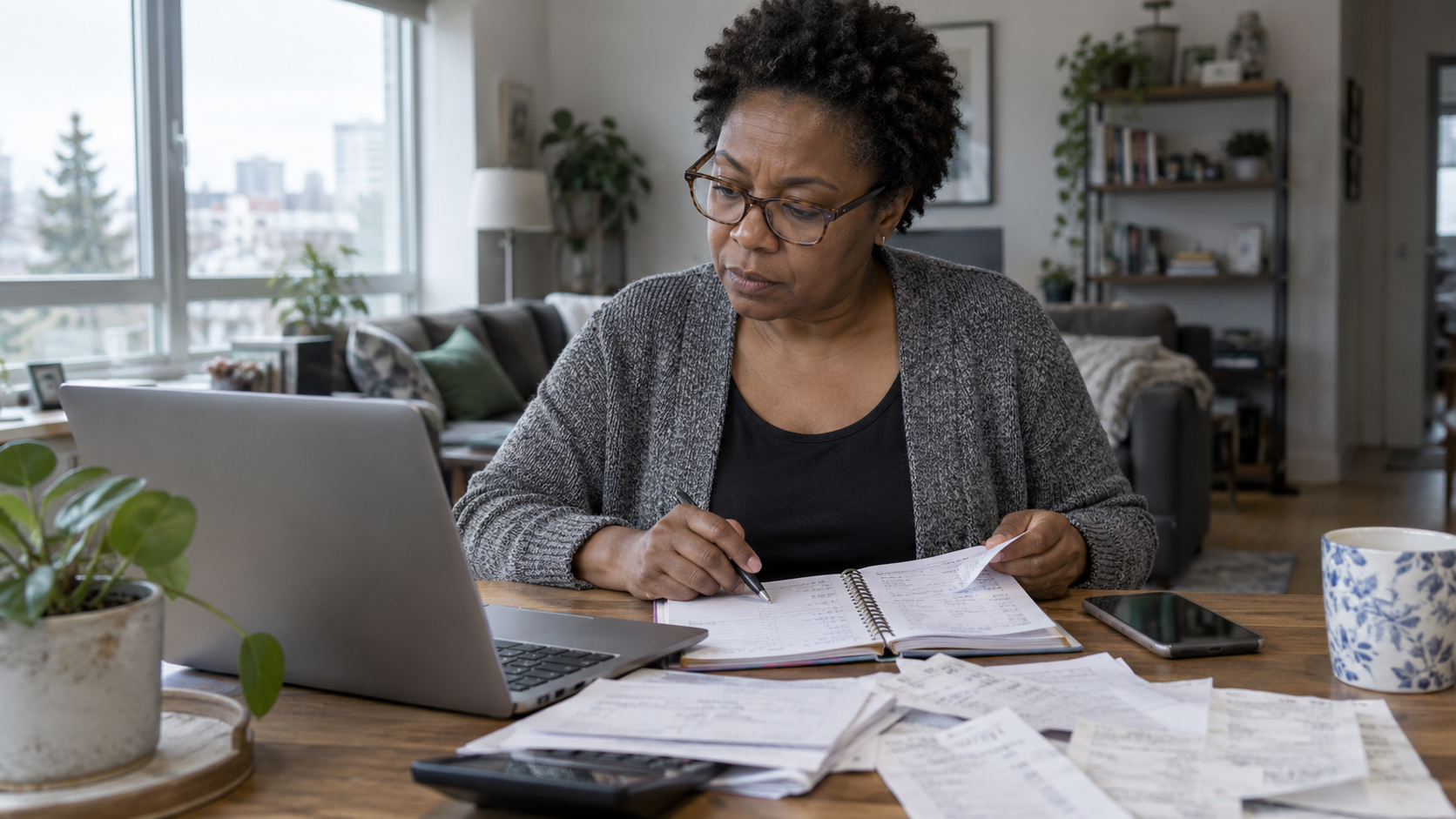 A woman returns to her notebook beside an open laptop and phone.