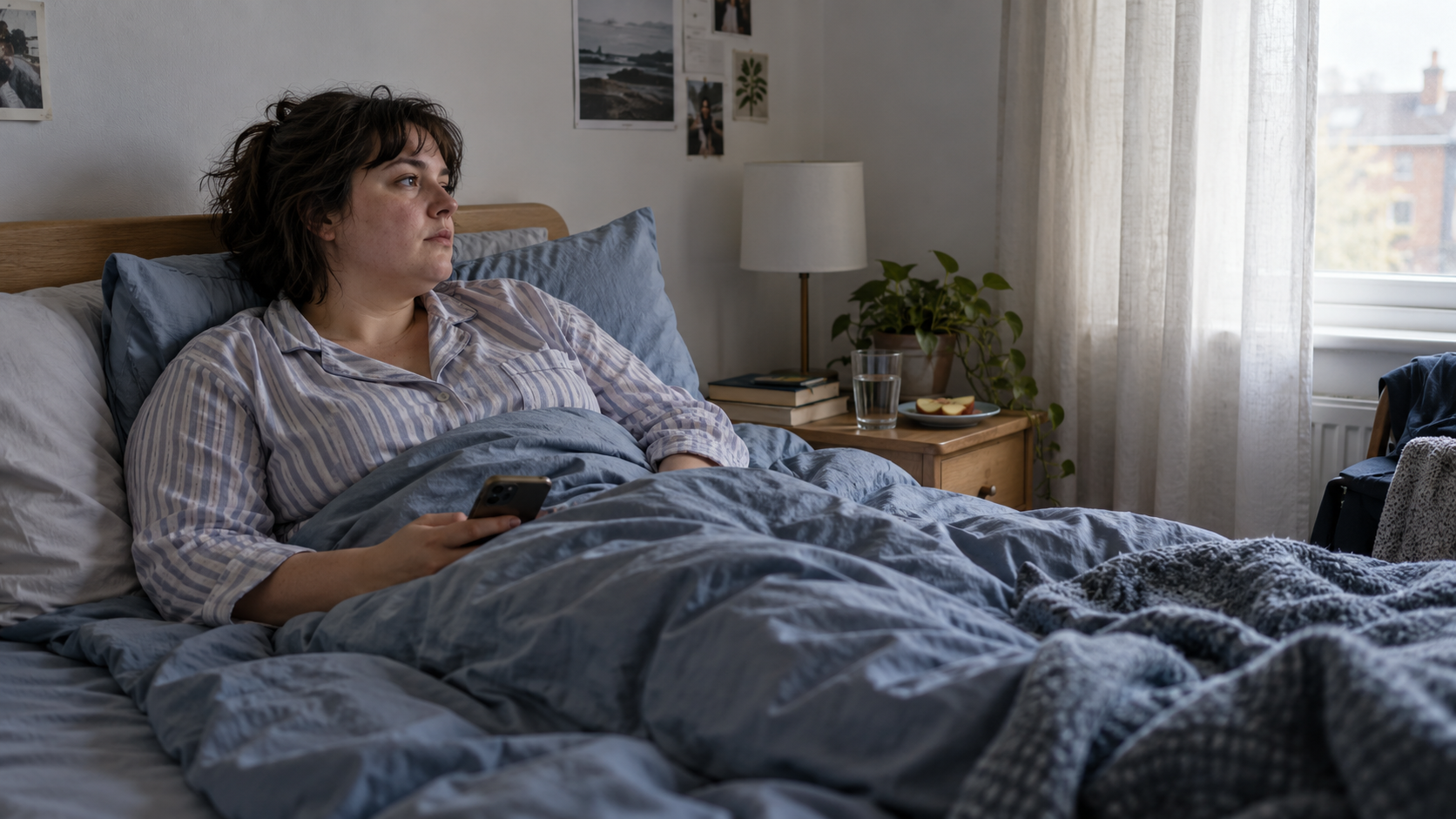 A woman rests awake against pillows with a phone on her blanket and water nearby.