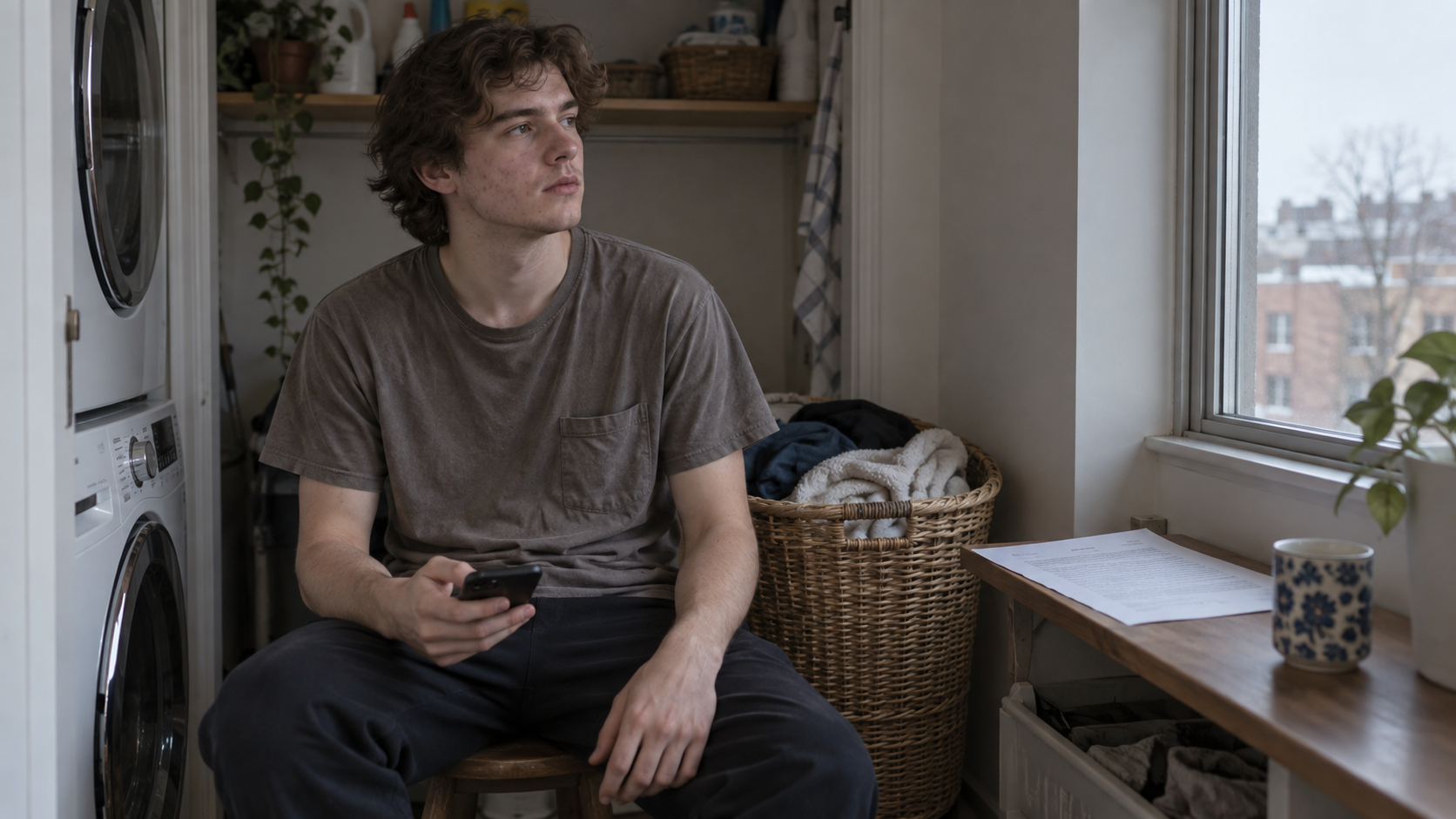 A young man looks out of a window beside laundry, holding a phone with a letter nearby.