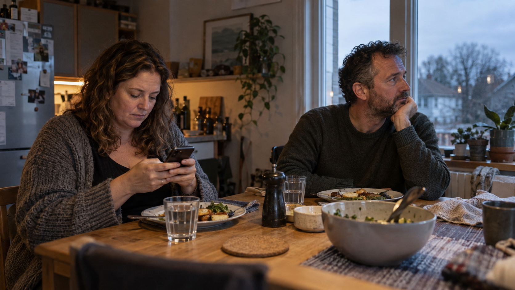 Two people sit at a dinner table, one looking at a phone and the other out of the window.
