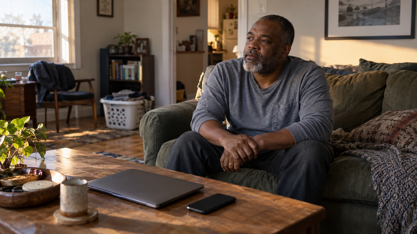 A man rests on a sofa beside a closed laptop and a face-down phone.