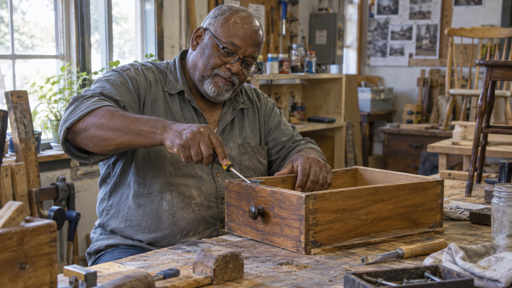A man concentrates on repairing a wooden drawer at a workshop bench.