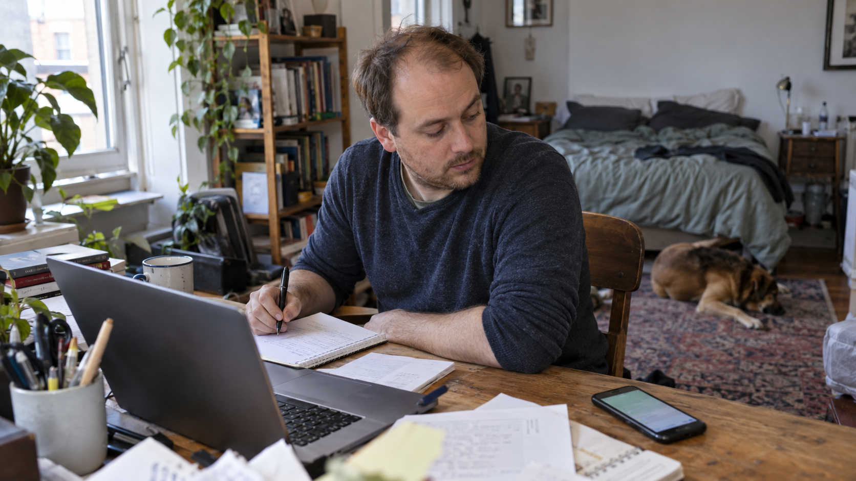 A man pauses over his notebook to glance at a phone beside his laptop.