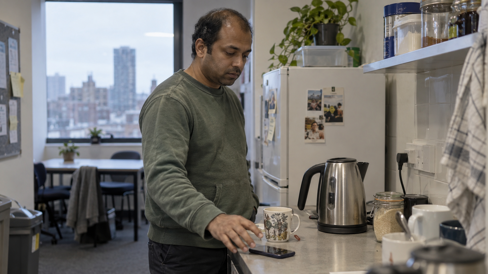 A man reaches for his phone while waiting beside a kettle.