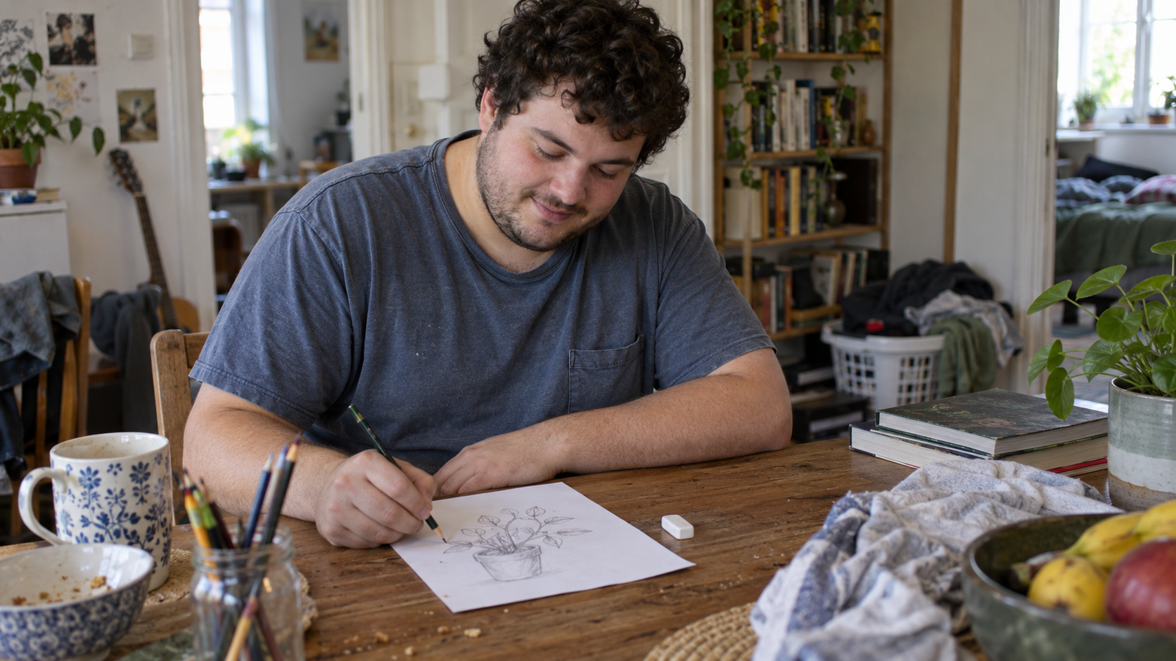A man sketches a small plant on paper at a cleared corner of a table.