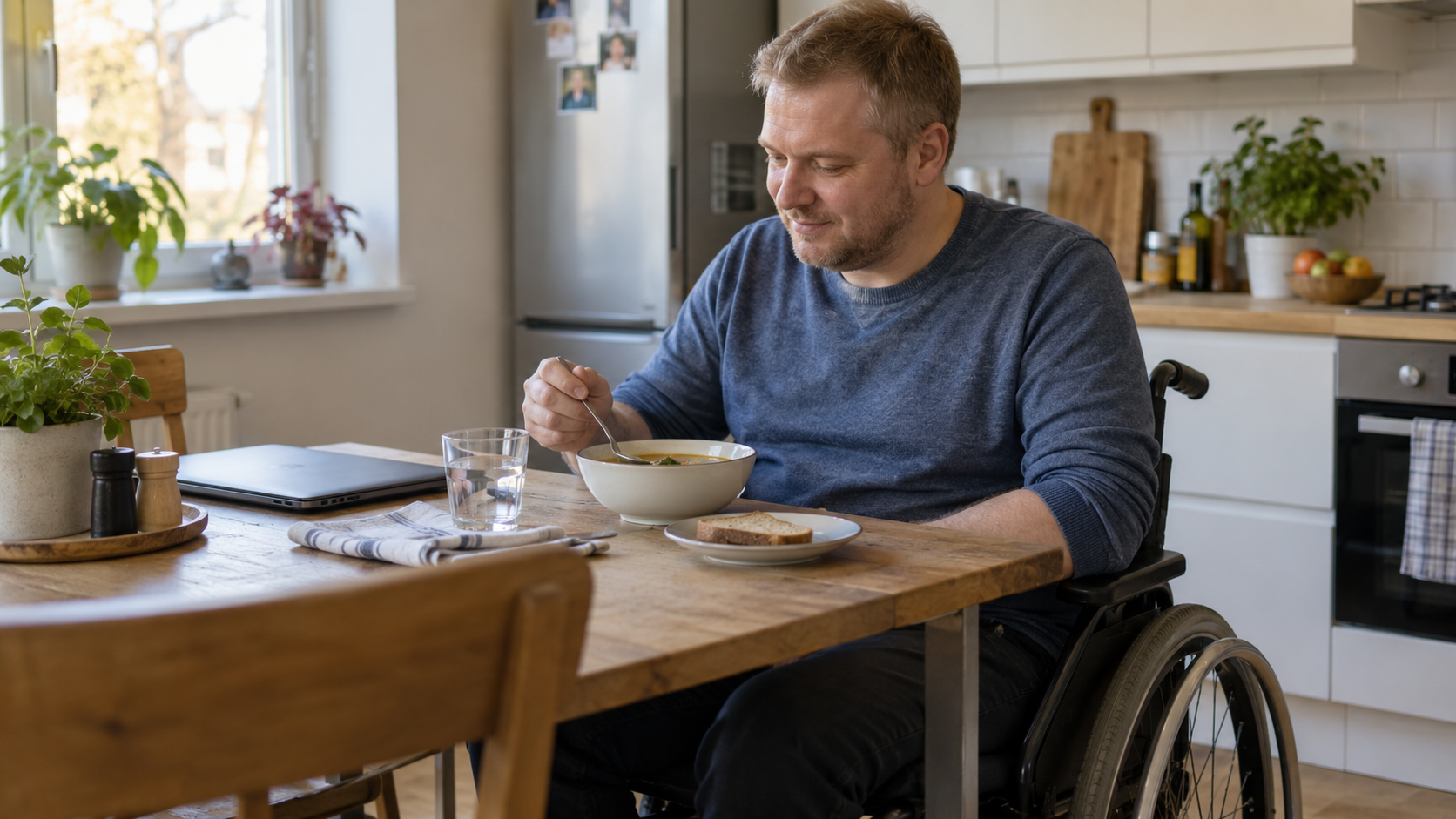 A wheelchair user takes a lunch break beside a closed laptop.