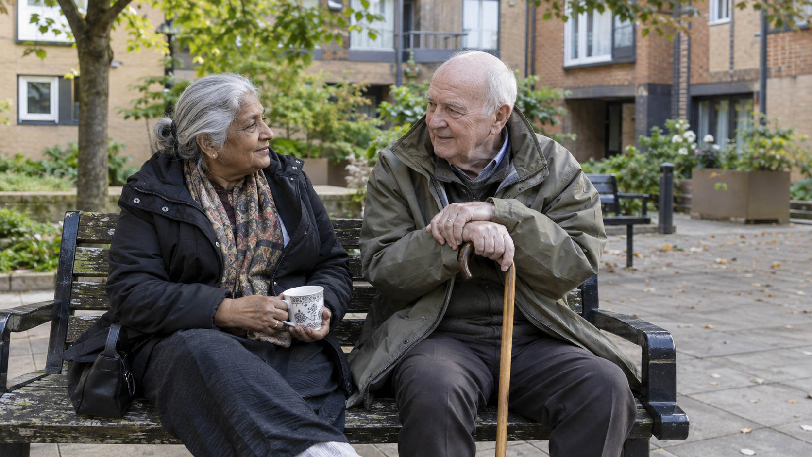 Two neighbours share a quiet conversation on a courtyard bench.
