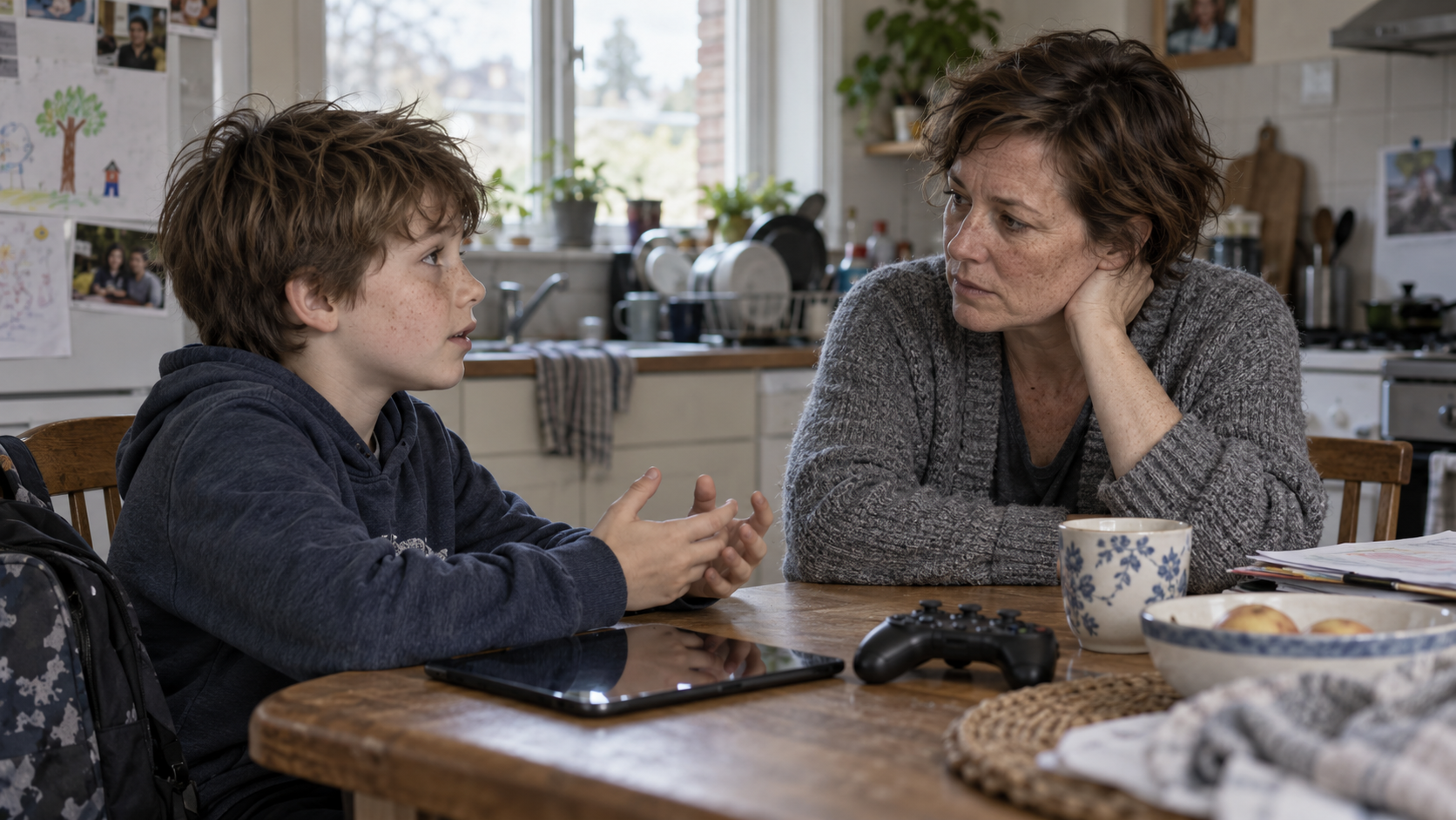 A mother listens thoughtfully to her son with a tablet and controller on the table.
