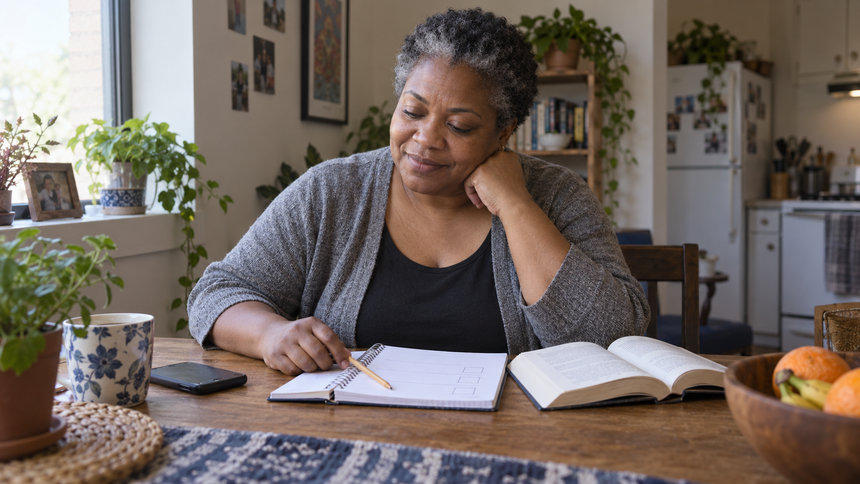 A woman reviews a notebook and book beside a face-down phone.