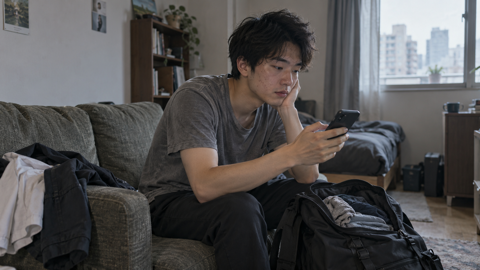A young man checks his phone on a sofa beside a partly packed bag.