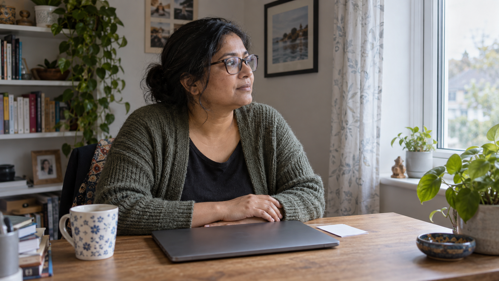 A woman pauses by a window after closing her laptop and setting down a note.