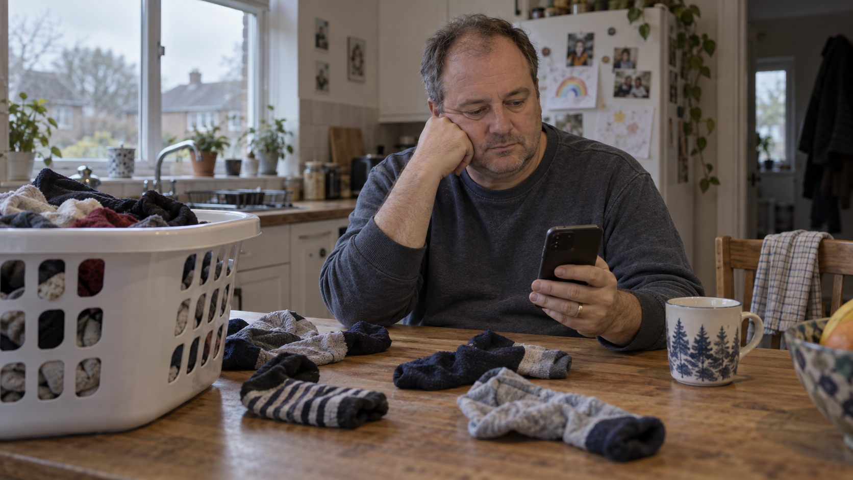 A man pauses over his phone while sorting socks at a kitchen table.