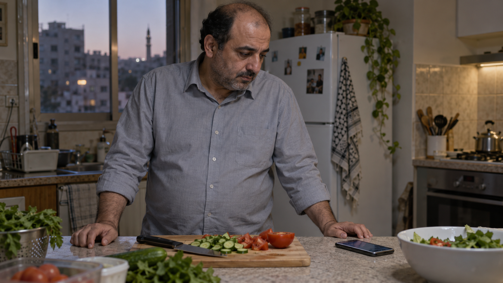 A man pauses while preparing vegetables and looks down at a phone on the counter.