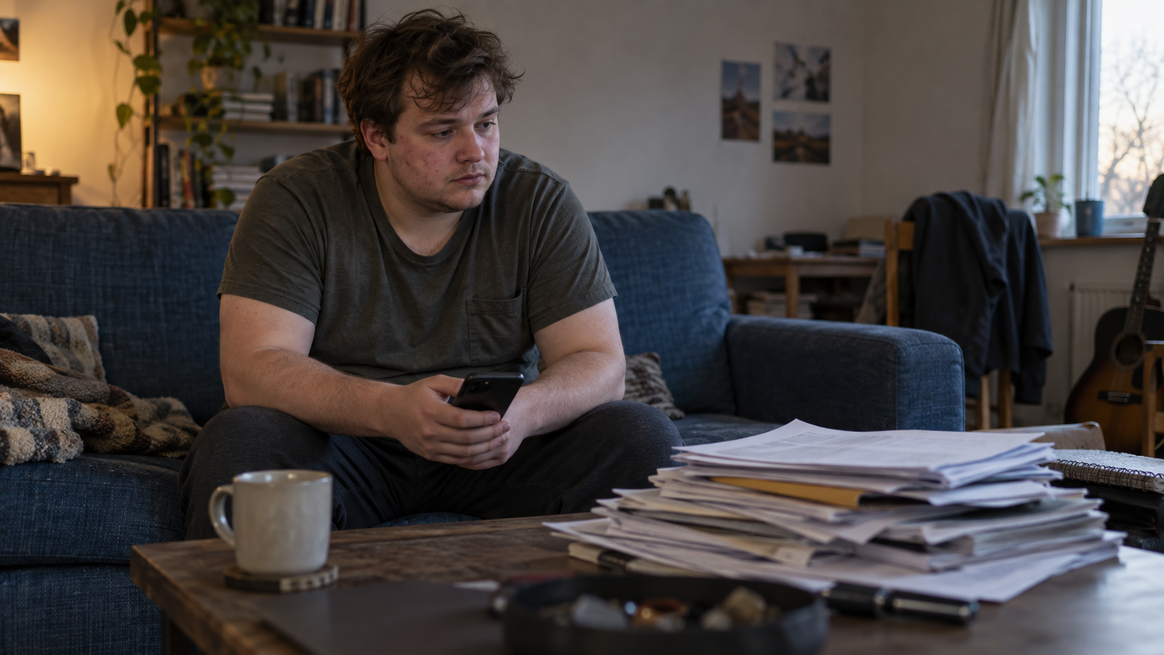 A man pauses with his phone while unfinished papers lie on a nearby table.