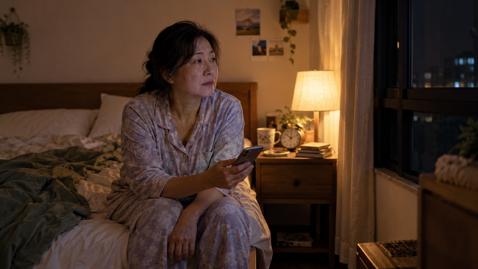 A woman sits on the edge of her bed holding a phone late in the evening.