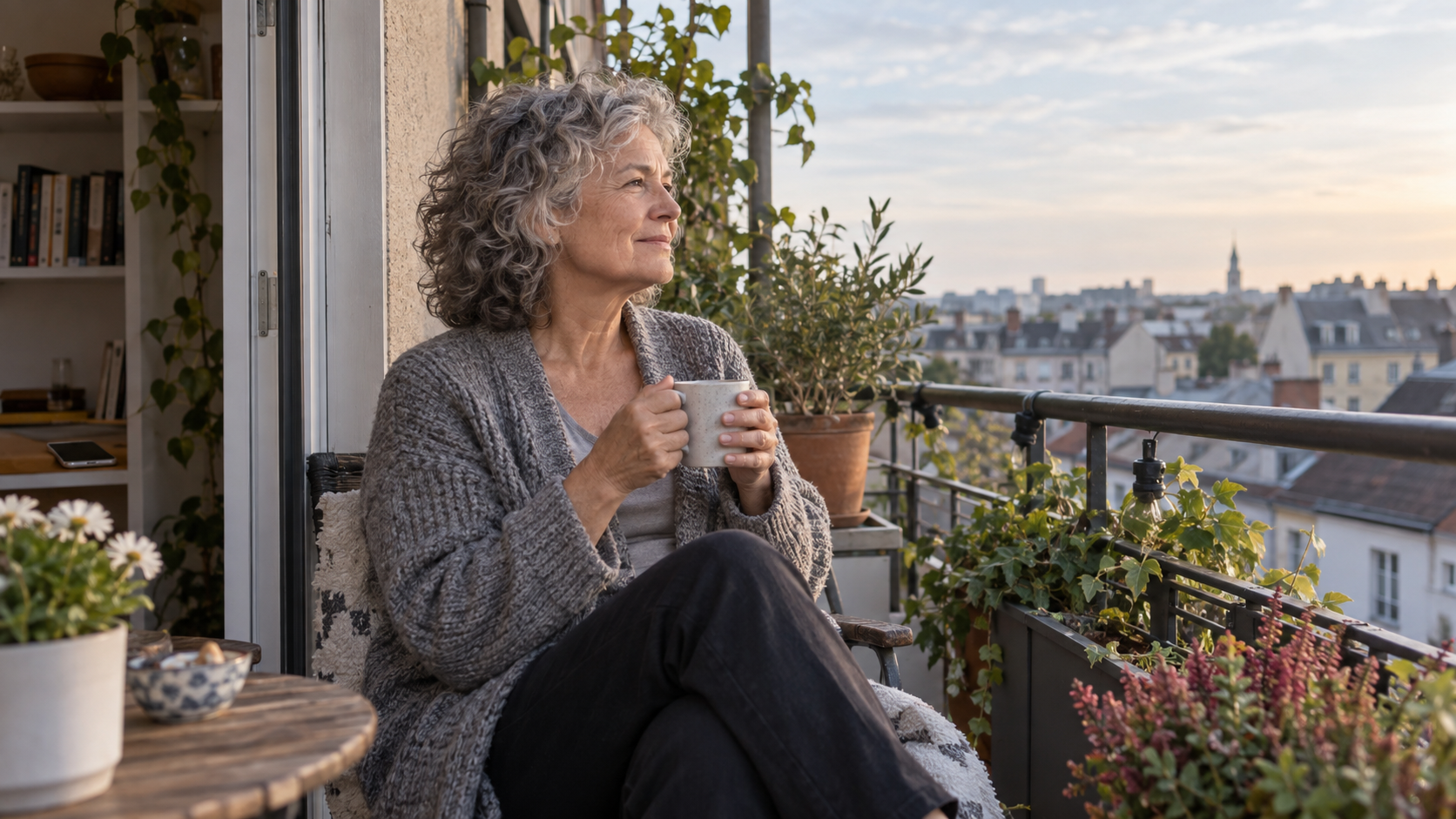 A woman enjoys a quiet cup on a small balcony with her phone left indoors.