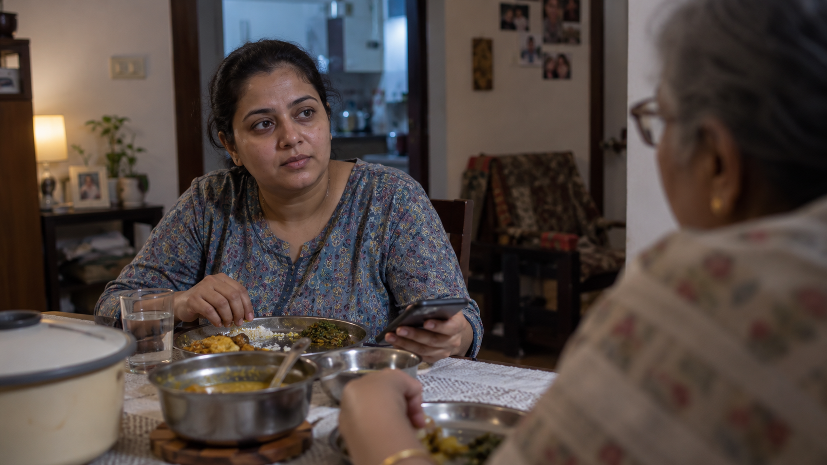 A woman looks toward a relative at dinner while holding her phone beside her plate.