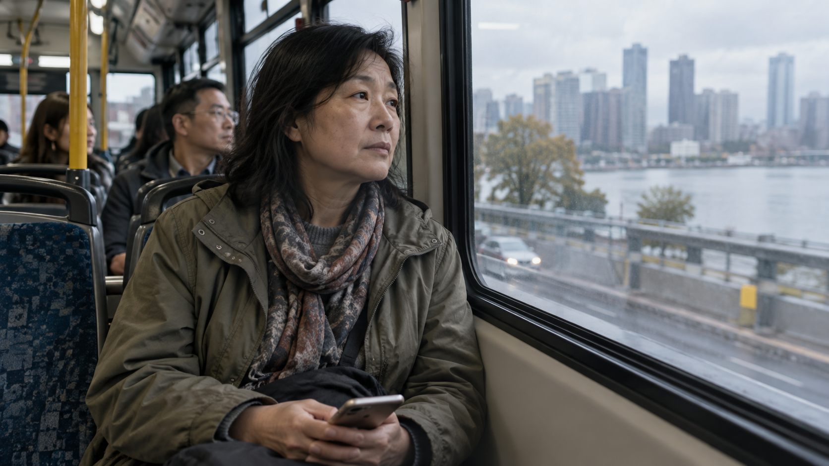 A woman holds a phone in her lap while looking thoughtfully through a bus window.