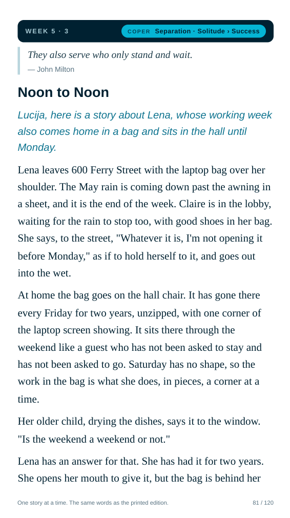 The phone edition of the story Noon to Noon, first screen.