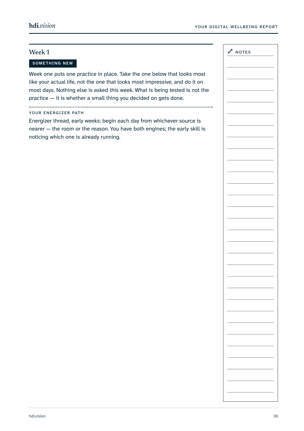 A report page opening week one of the six-week practice plan.