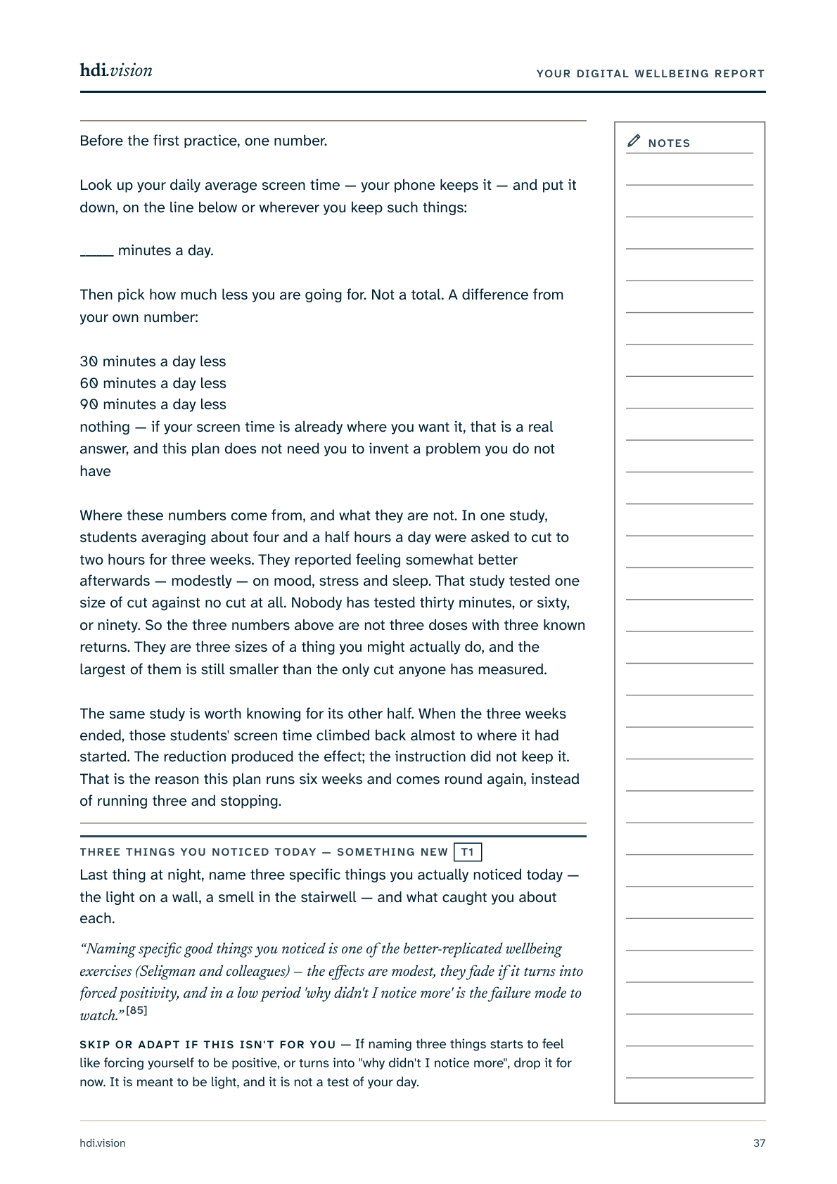 A report page from week one of the plan: a place to write down daily screen time, three sizes of cut to choose from, and the first practice with its caveat beside it.