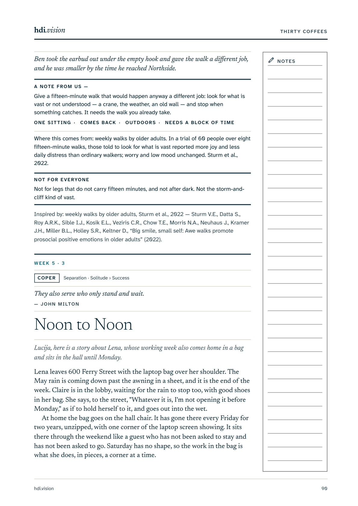 A printed page of the book of stories, where the story Noon to Noon begins, below the end of the previous story.