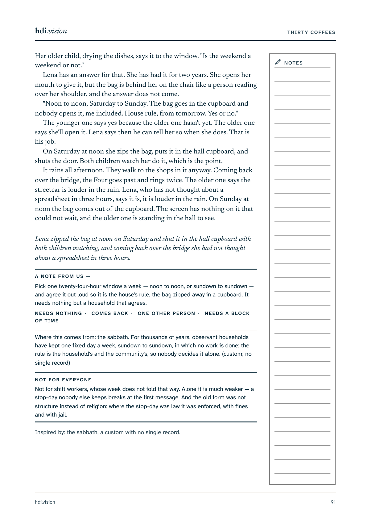 The second printed page of the story Noon to Noon, with the note from us, where the practice comes from, and who it is not for.