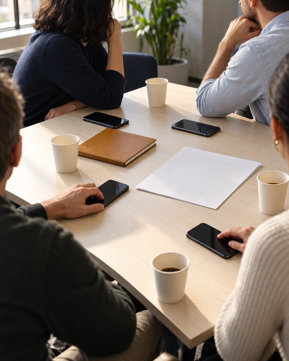 Four adults around a sunlit meeting table, seen from behind and the side: a dark phone in front of each, paper cups, a blank handout, two hands resting on their phones.